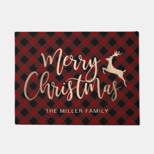 Elegant Gold Merry Christmas Black & Red Plaid Doormat