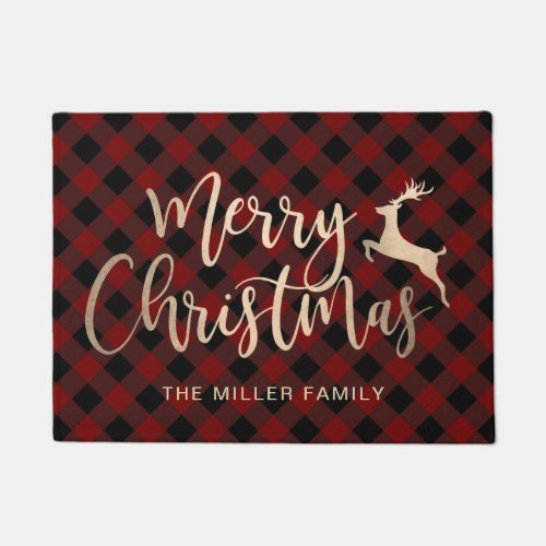 Elegant Gold Merry Christmas Black  Red Plaid Doormat