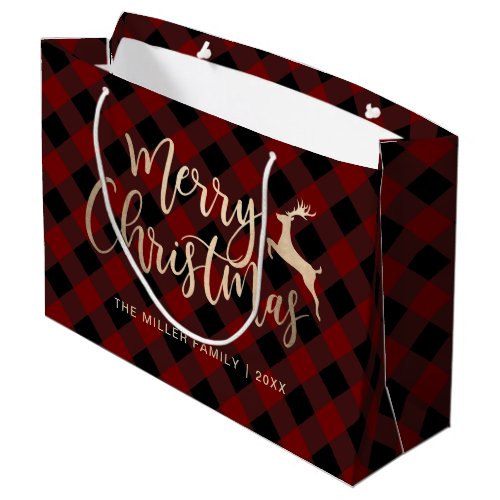 Elegant Gold Merry Christmas Black  Red Plaid Large Gift Bag