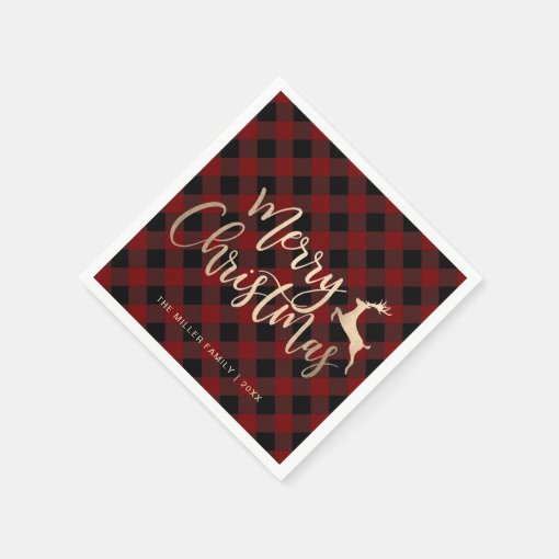 Elegant Gold Merry Christmas Black & Red Plaid Napkins | Zazzle