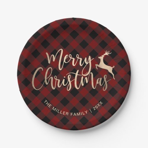 Elegant Gold Merry Christmas Black  Red Plaid Paper Plates