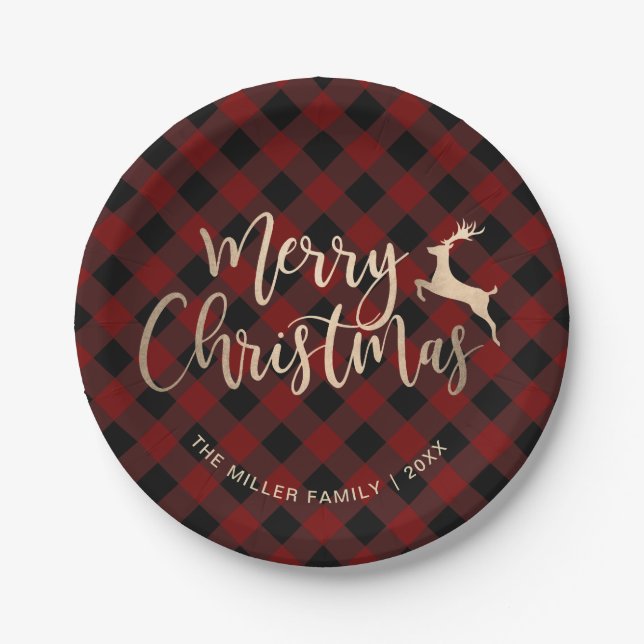 Elegant Gold Merry Christmas Black & Red Plaid Paper Plates (Front)