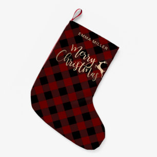 Elegant Gold Merry Christmas Black & Red Plaid Small Christmas Stocking