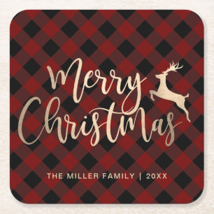Elegant Gold Merry Christmas Black & Red Plaid Square Paper Coaster