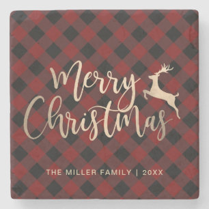 Elegant Gold Merry Christmas Black & Red Plaid Stone Coaster