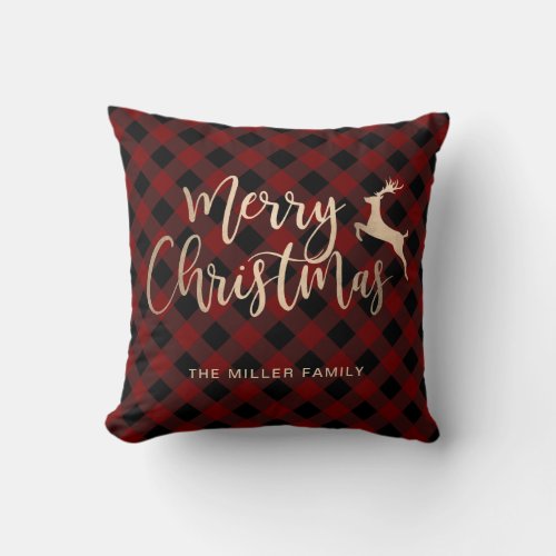 Elegant Gold Merry Christmas Black  Red Plaid Throw Pillow