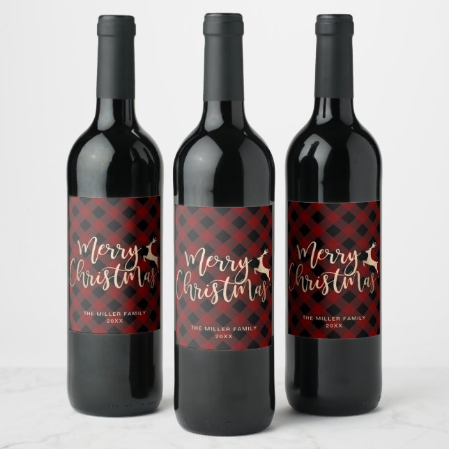 Elegant Gold Merry Christmas Black & Red Plaid Wine Label (Bottles)