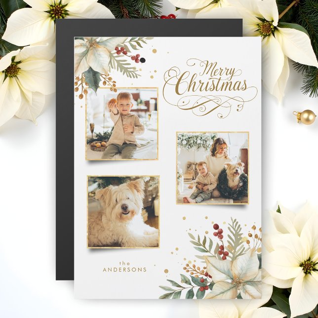 Elegant Gold Merry Christmas Botanical 3-Photo (Creator Uploaded)