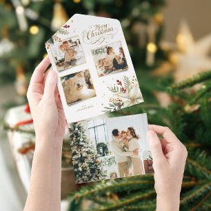 Elegant Gold Merry Christmas Botanical 3-Photo All In One Invitation