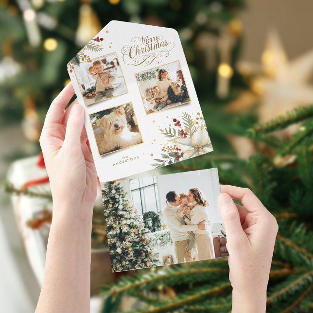 Elegant Gold Merry Christmas Botanical 3-Photo All In One Invitation (Creator Uploaded)