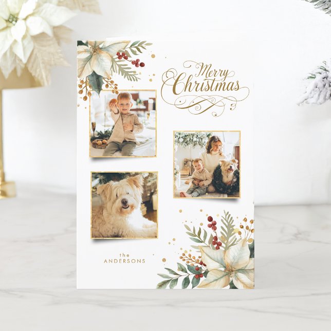 Elegant Gold Merry Christmas Botanical 3-Photo Holiday Card (Creator Uploaded)