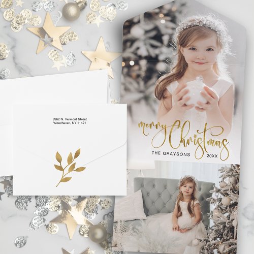 Elegant Gold Merry Christmas Calligraphy Photo All In One Invitation