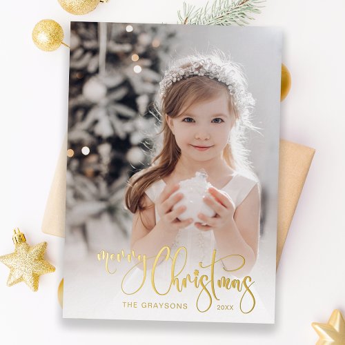 Elegant Gold Merry Christmas Calligraphy Photo Foil Holiday Card