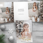 Elegant Gold Merry Christmas Calligraphy Photo Tri-Fold Card<br><div class="desc">Simple and elegant holiday greeting featuring your photo with an opaque white filter,  faux gold glitter custom Merry Christmas calligraphy script and editable text fields.</div>