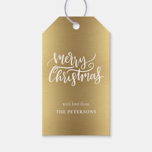 Elegant Gold Merry Christmas Calligraphy with Name Gift Tags
