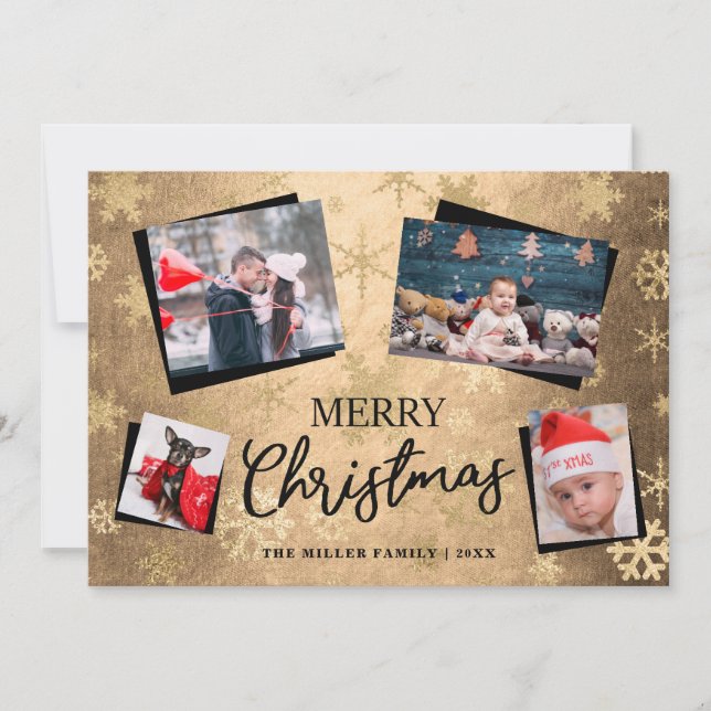 Elegant Gold Merry Christmas Custom Photo Collage Holiday Card (Front)