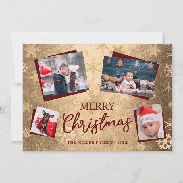 Elegant Gold Merry Christmas Custom Photo Collage Holiday Card (Front)