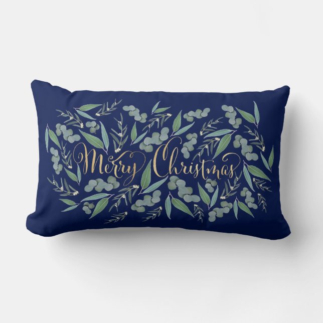 Elegant Gold Merry Christmas Eucalyptus Navy Blue Lumbar Pillow (Front)
