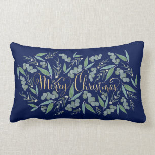 Elegant Gold Merry Christmas Eucalyptus Navy Blue Lumbar Pillow