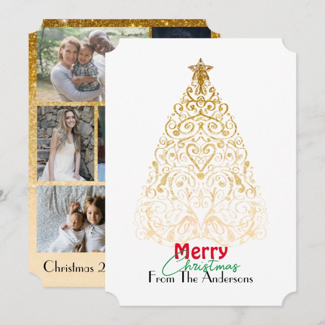 Elegant gold Merry Christmas filigree tree  Thank You Card (Front/Back)