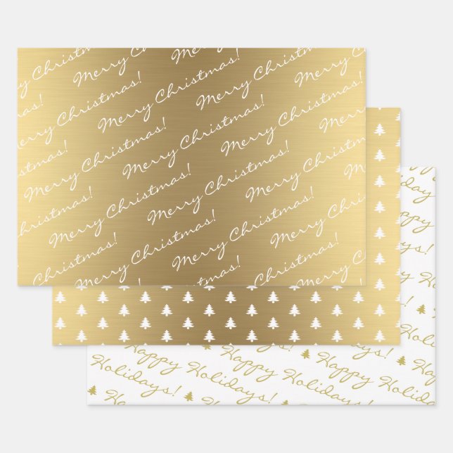 Elegant Gold Merry Christmas Happy Holidays text Wrapping Paper Sheets (Set)