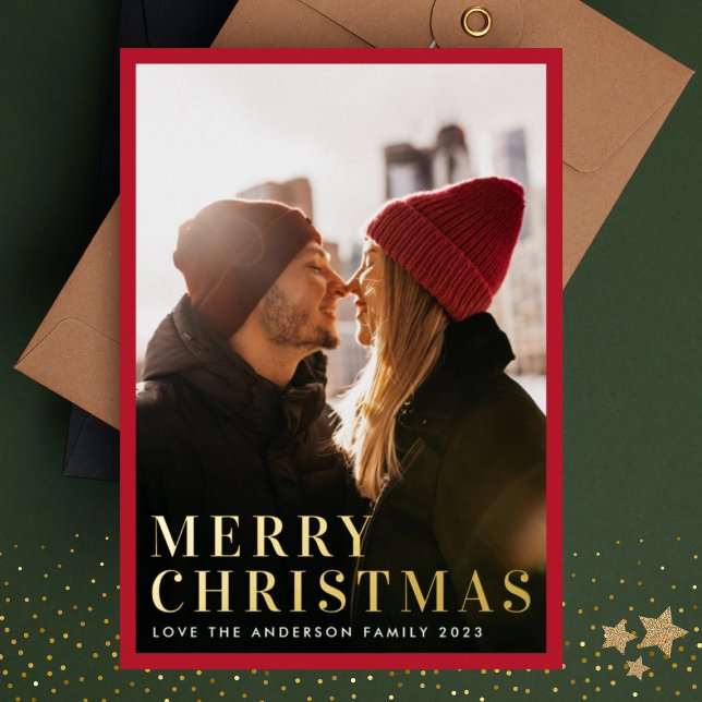 Elegant Gold Merry Christmas Minimal Frame Photo Foil Holiday Card (Creator Uploaded)