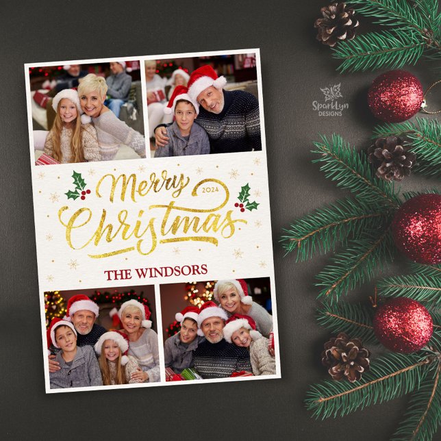 Elegant Gold Merry Christmas Photo Collage Holiday Card (Glitter details are simulated in artwork. No actual glitter will be used in the making of product.)