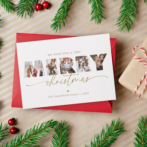 Elegant Gold Merry Christmas Photo Collage Holiday Card