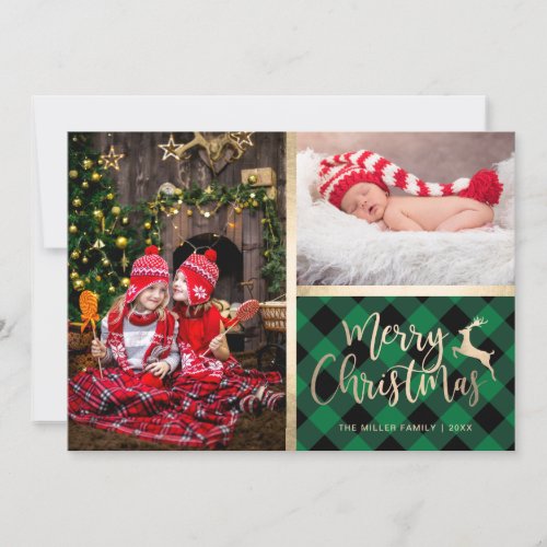 Elegant Gold Merry Christmas Plaid Custom Photo Holiday Card
