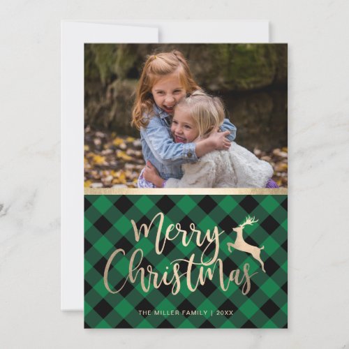 Elegant Gold Merry Christmas Plaid Custom Photo Holiday Card