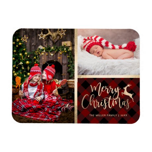 Elegant Gold Merry Christmas Plaid Custom Photo Magnet