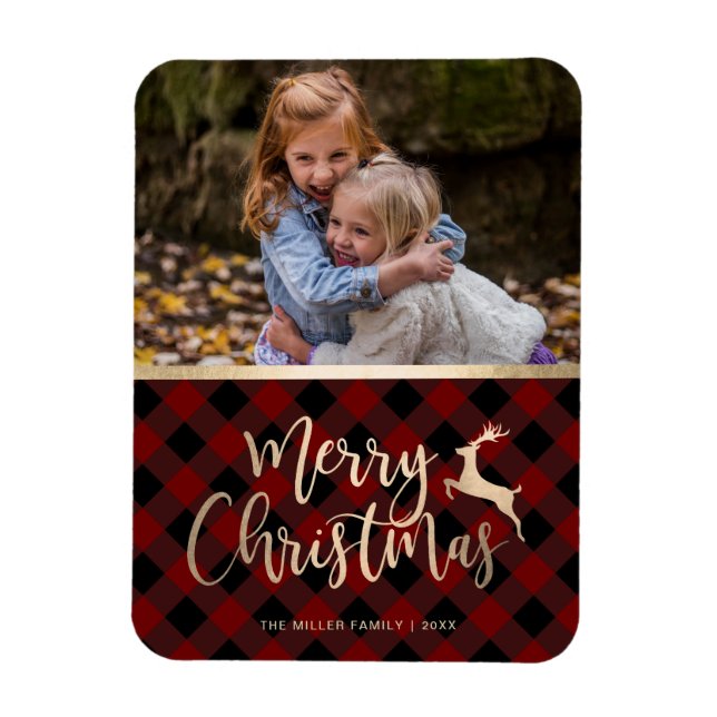 Elegant Gold Merry Christmas Plaid Custom Photo Magnet (Vertical)