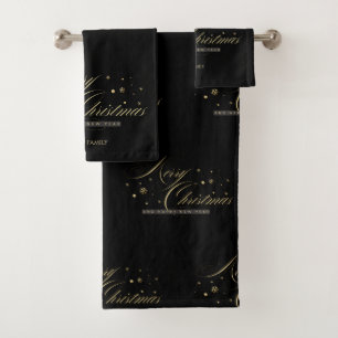Elegant Gold Merry Christmas Script Black Bath Towel Set