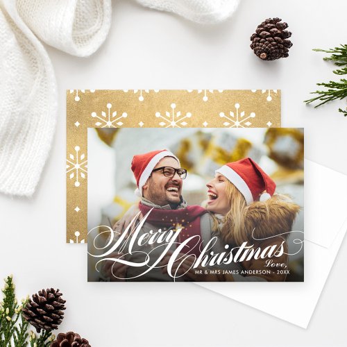 Elegant Gold Merry Christmas Script Photo Holiday Card