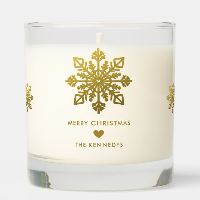 Elegant Gold Merry Christmas Snowflake Family Scented Candle (Front)