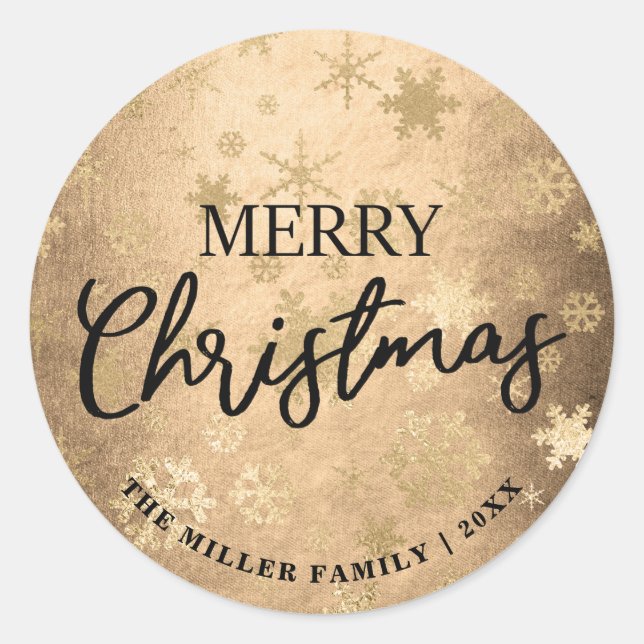 Elegant Gold Merry Christmas Snowflake Pattern Classic Round Sticker (Front)