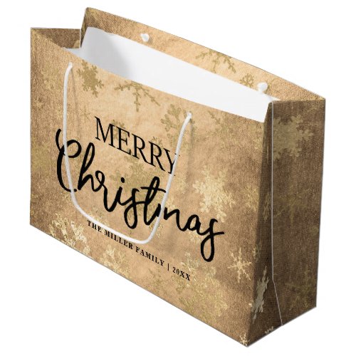 Elegant Gold Merry Christmas Snowflake Pattern Large Gift Bag