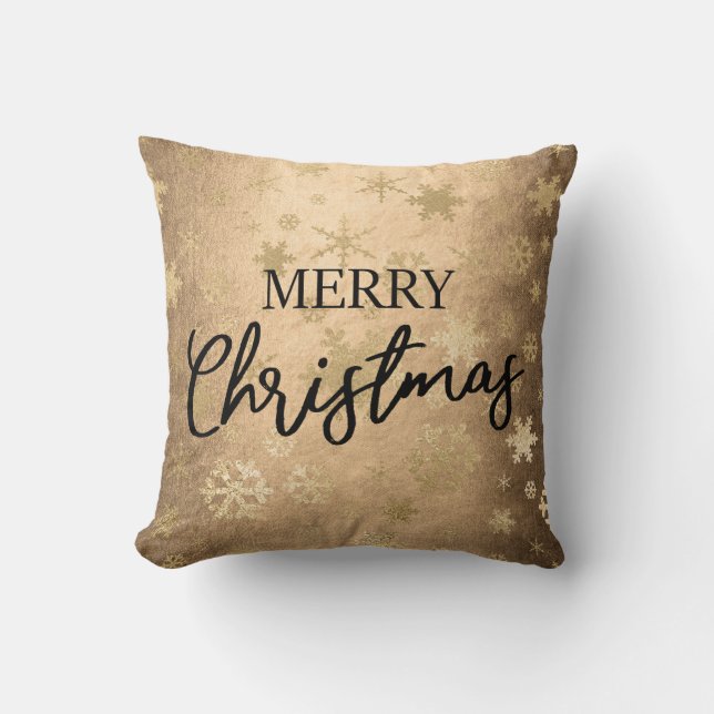 Elegant Gold Merry Christmas Snowflake Pattern Throw Pillow (Front)