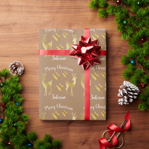 Elegant gold Merry Christmas snowflake reindeer Wrapping Paper