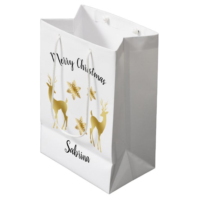 Elegant gold Merry Christmas snowflakes reindeers Medium Gift Bag (Front Angled)