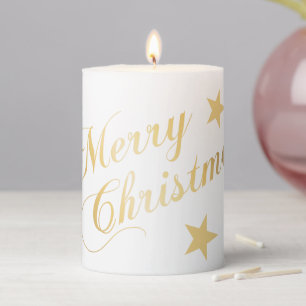 Elegant Gold Merry Christmas Stars Pillar Candle