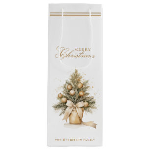Elegant Gold Merry Christmas Tree Custom Name Wine Gift Bag