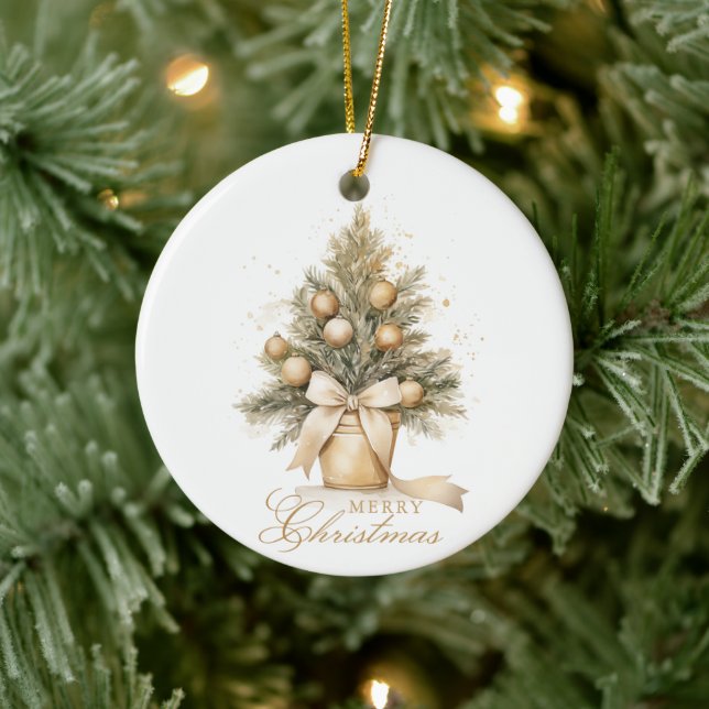 Elegant Gold Merry Christmas Tree Custom Photo Ceramic Ornament (Tree)