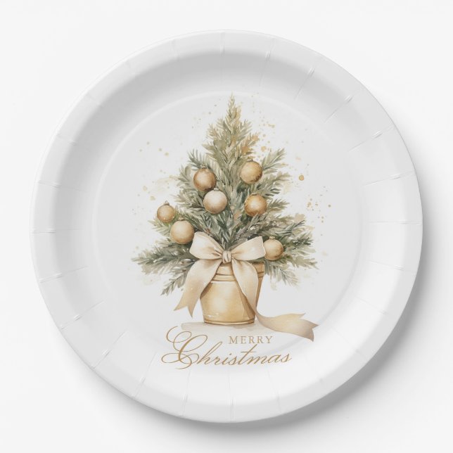 Elegant Gold Merry Christmas Tree Watercolor Paper Plates (Front)