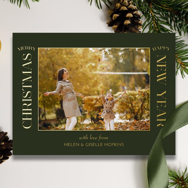 Elegant Gold Merry Christmas Typography Photo Foil Holiday Card (Creator Uploaded)