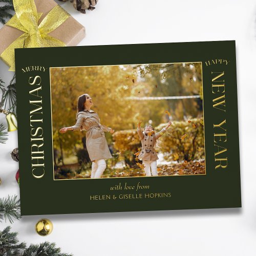 Elegant Gold Merry Christmas Typography Photo Foil Holiday Postcard