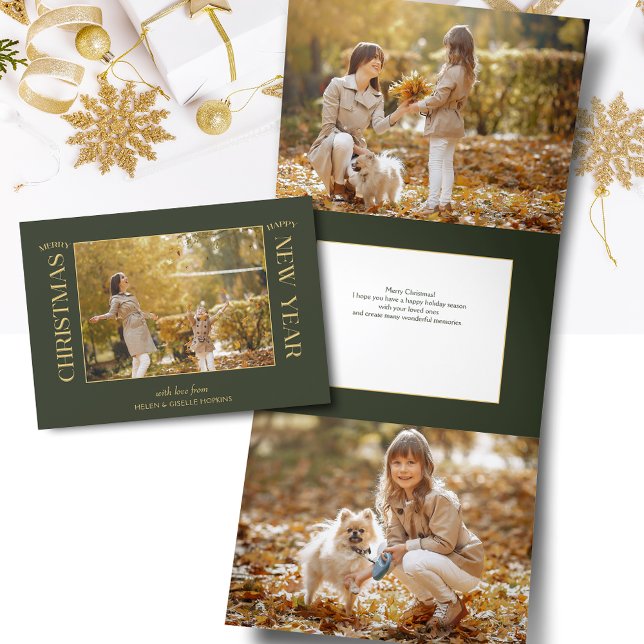 Elegant Gold Merry Christmas Typography Photo Tri-Fold Holiday Card (Creator Uploaded)