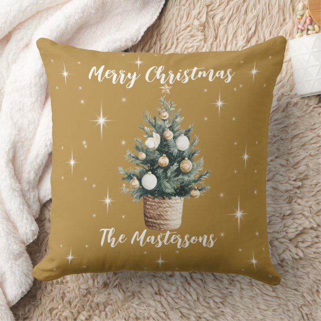Elegant Gold Merry Christmas with Stars  Throw Pillow (Blanket)