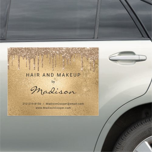 Elegant Gold Metal Glitter Drip Hair And Makeup Ca Car Magnet