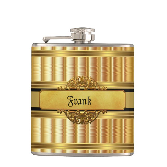 Elegant Gold Metal look Monogram Name Flask (Front)